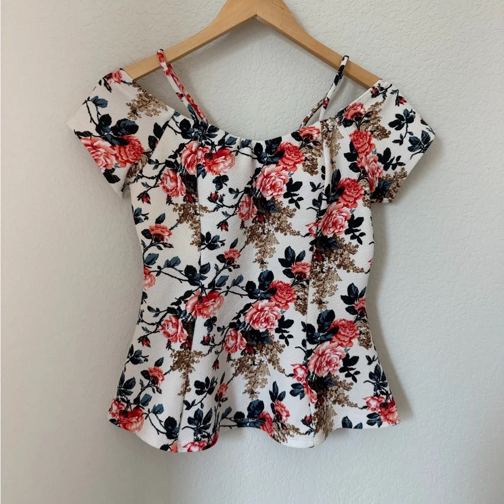 Floral Off Shoulder Peplum Top Women’s Large Romantic Rose Print Boho Blouse